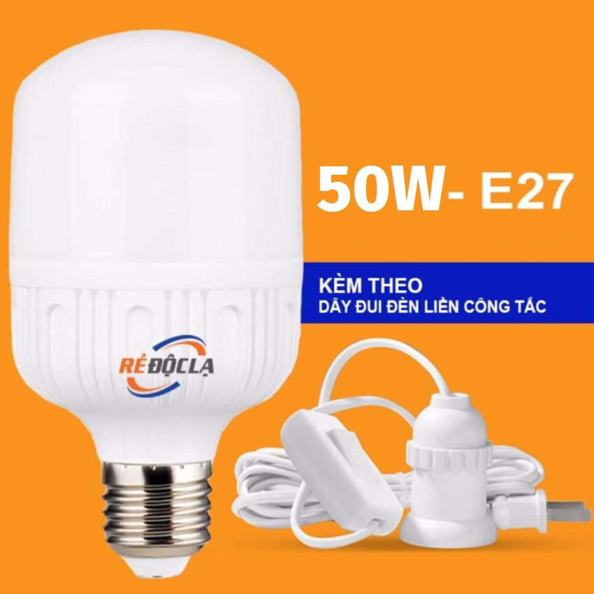 Đèn Led Trụ Siêu Sáng 50W 220V Sáng Trắng dây 5 mét đuôi đèn công tắc