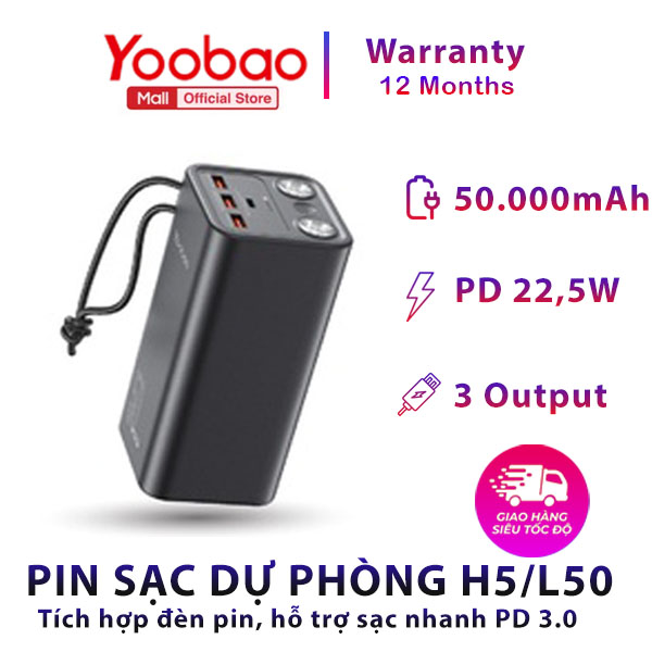 [TẶNG CÁP SẠC MÀU NGẪU NHIÊN] Pin sạc dự phòng Yoobao H5 50000mAh - Tích hợp đèn pin siêu sáng - Sạc