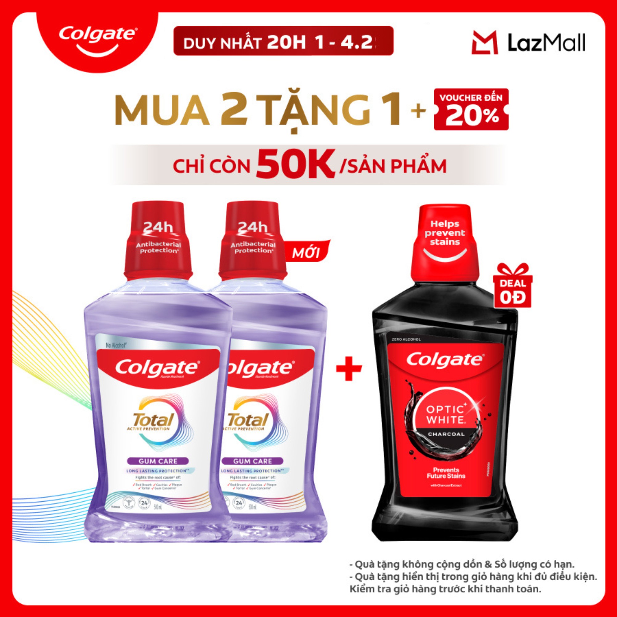 [Chỉ 20H 1-4.2_Mua 2 tặng 1] Bộ 2 nước súc miệng Colgate diệt khuẩn không cồn 500ml/ chai