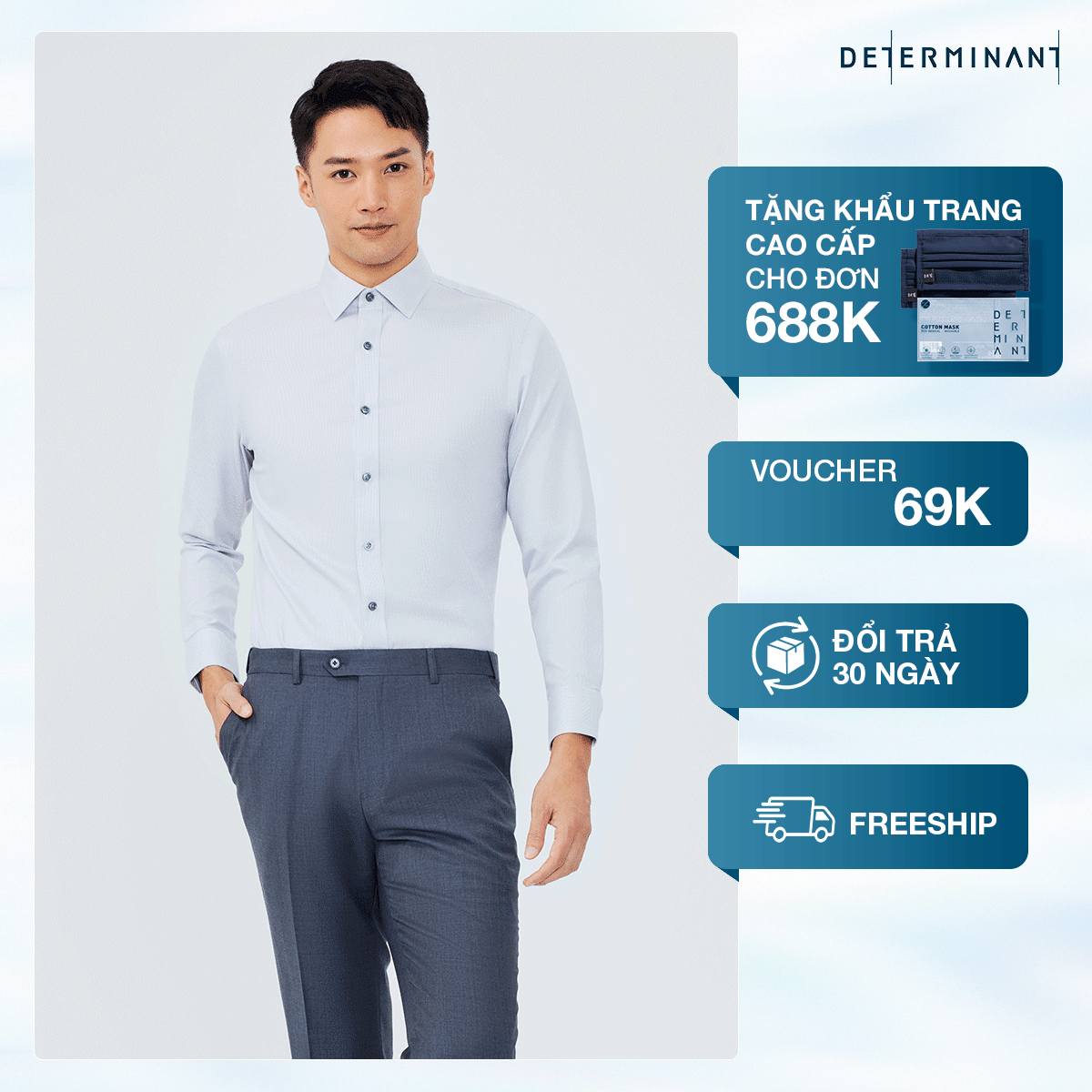 Áo Sơ Mi Nam Tay Dài DETERMINANT - Cotton Chống Nhăn Kháng Khuẩn - 16934n -301 - Sọc Caro Xám - Ligh