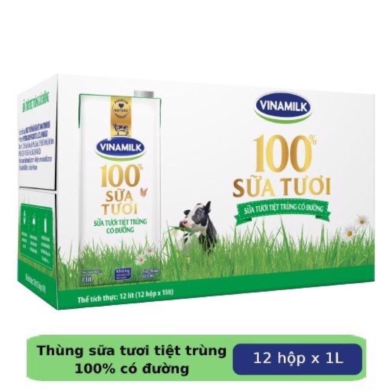 Hỏa Tốc - Thùng 12 Hộp Sữa Tươi Vinamilk  Có Đường Hộp 1 Lít