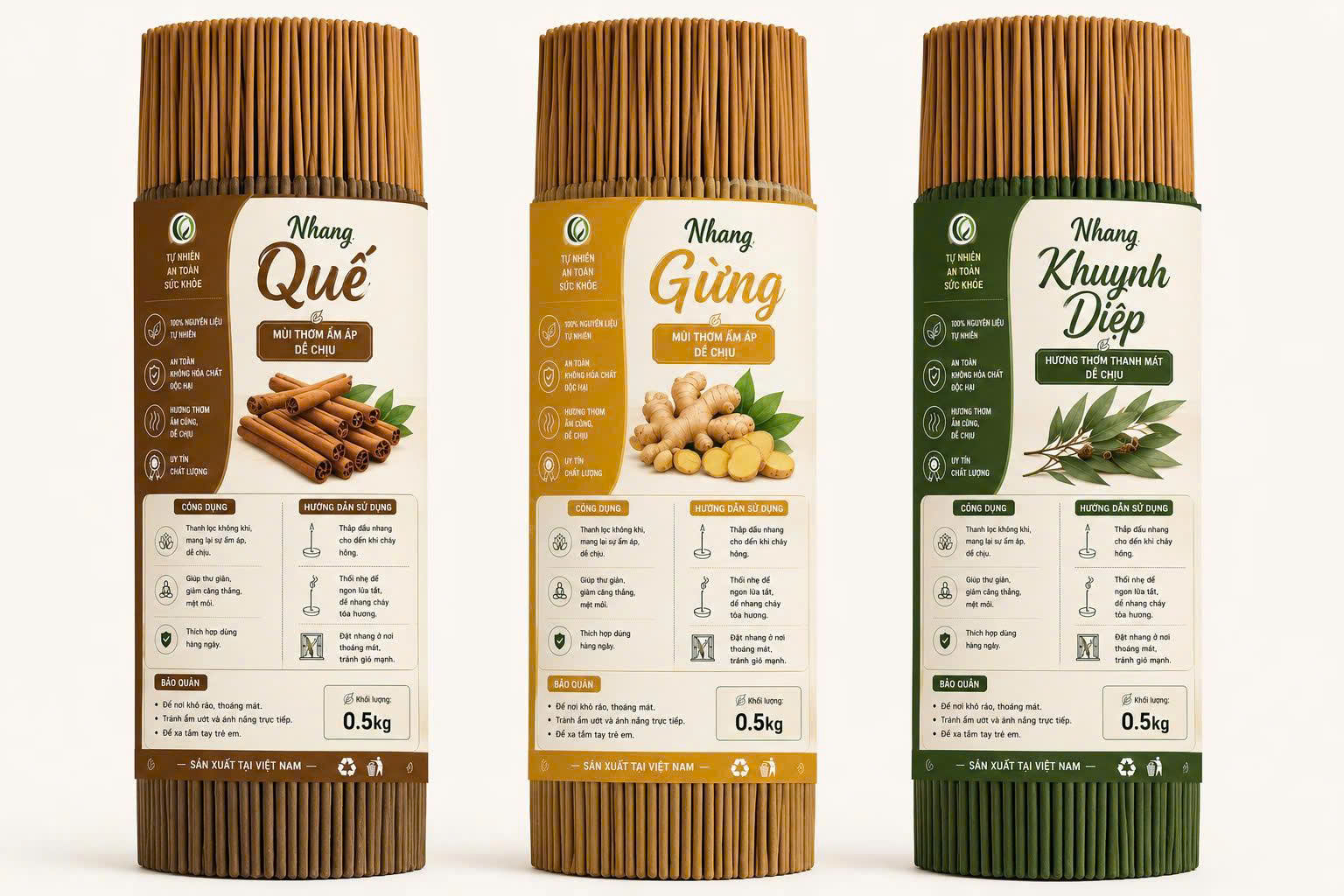 0.5KG - Nhang gừng thảo mộc tự nhiên không hoá chất an toán sức khoẻ(quế khuynh diệp) loại 3 tấc