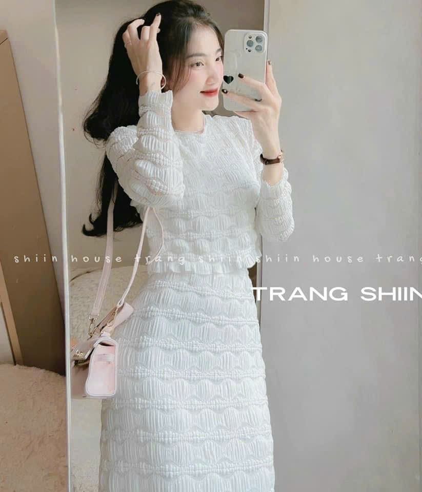 Set nữ sang chảnh màu trắng chất len ren cao cấp set váy midi ôm suông áo tay dài croptop Hàn Quốc