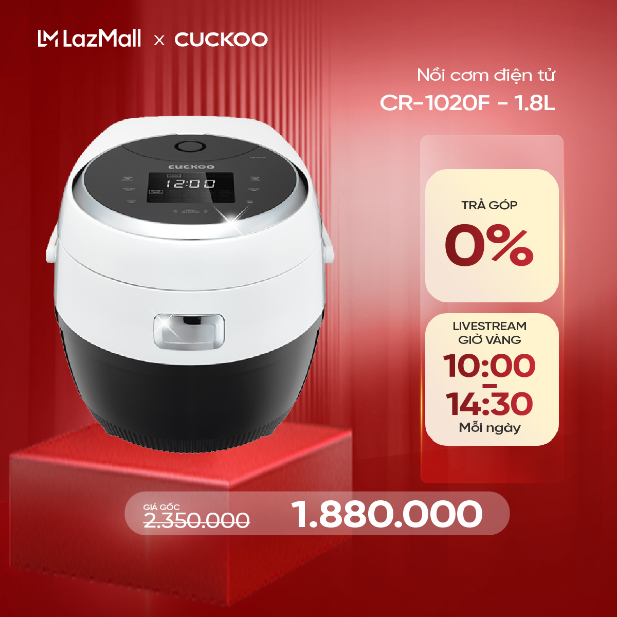 Nồi cơm điện tử Cuckoo 18L CR-1020F - Bảng điều khiển LED - Lòng nồi chống dính - Chất lượng Hàn Quố