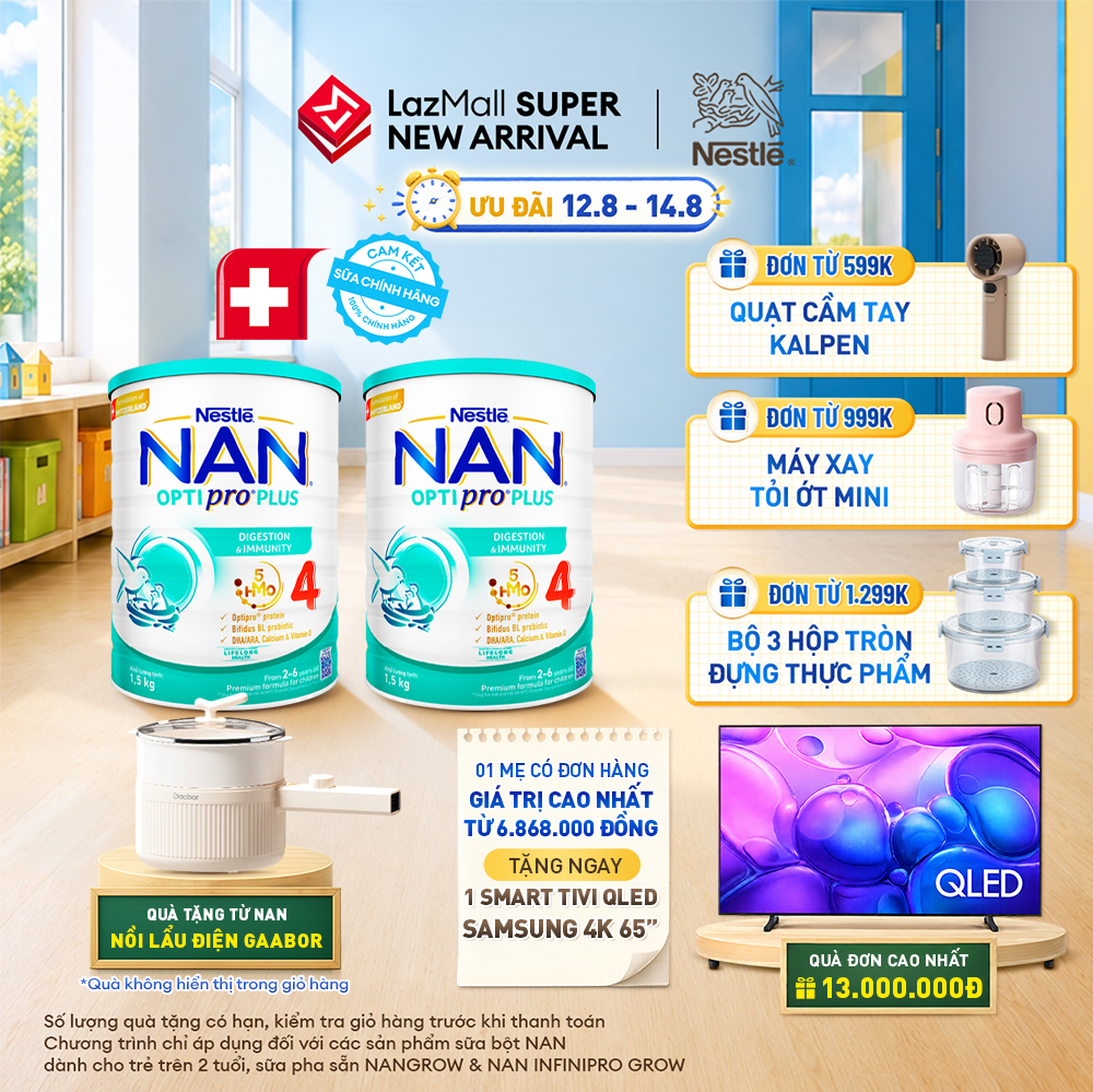 [CHỈ 12-14.08 QT ĐƠN 599K/999K/1299K] [Tặng Nồi lẩu điện Gaabor] Bộ 2 lon Sữa Bột Nestlé NAN OPTIPRO PLUS 4 1500g Cho Bé 2 - 6 Tuổi: Công Thức Độc Quyền Nhập Khẩu Từ Thụy Sỹ Chứa Phức Hợp 5-HMO