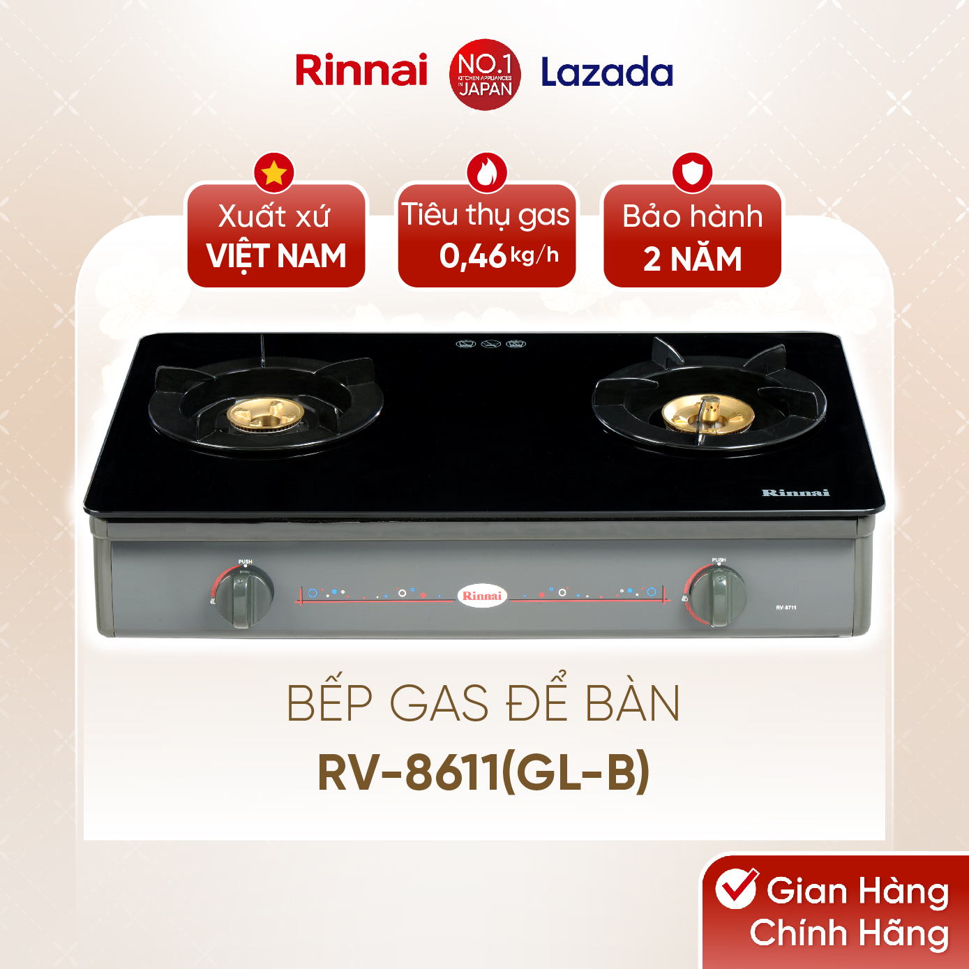 Bếp gas dương Rinnai RV-8611(GL-B) mặt bếp kính và kiềng bếp men - Hàng chính hãng.
