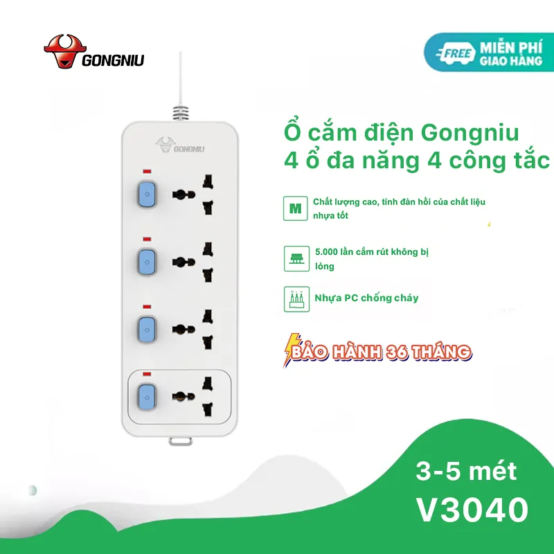 Ổ Cắm Điện Chống Cháy GONGNIU - 6 Ổ Đa Năng 1 Công Tắc – Công Suất 10A/250/2500W – N1330– Chính Hãng
