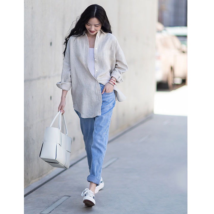 Áo sơ mi nữ form rộng rớt vai vải Linen bột Premium trẻ trung xịn xò - Cam