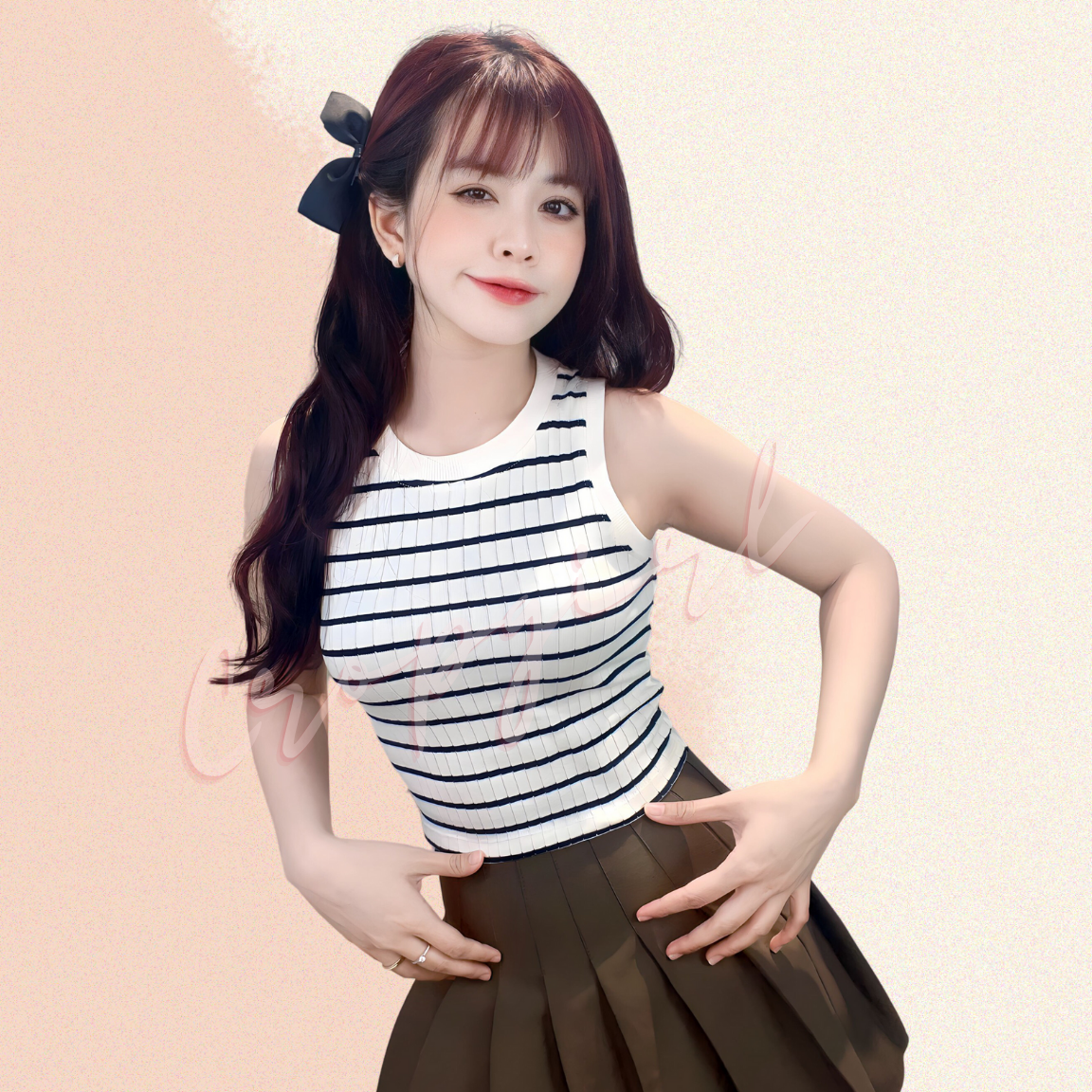 Áo ba lỗ nữ giả len màu trắng phối sọc đen CROPGIRL Áo kiểu nữ sát nách kẻ ngang vải dệt kim mềm mịn