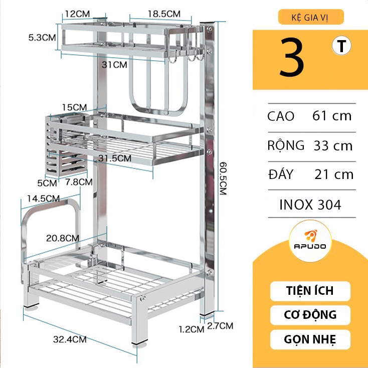 Kệ đựng gia vị inox 304 2 tầng 3 tầng nhà bếp Kệ để đồ nhà bếp đa năng siêu bền gọn gàng không gian 