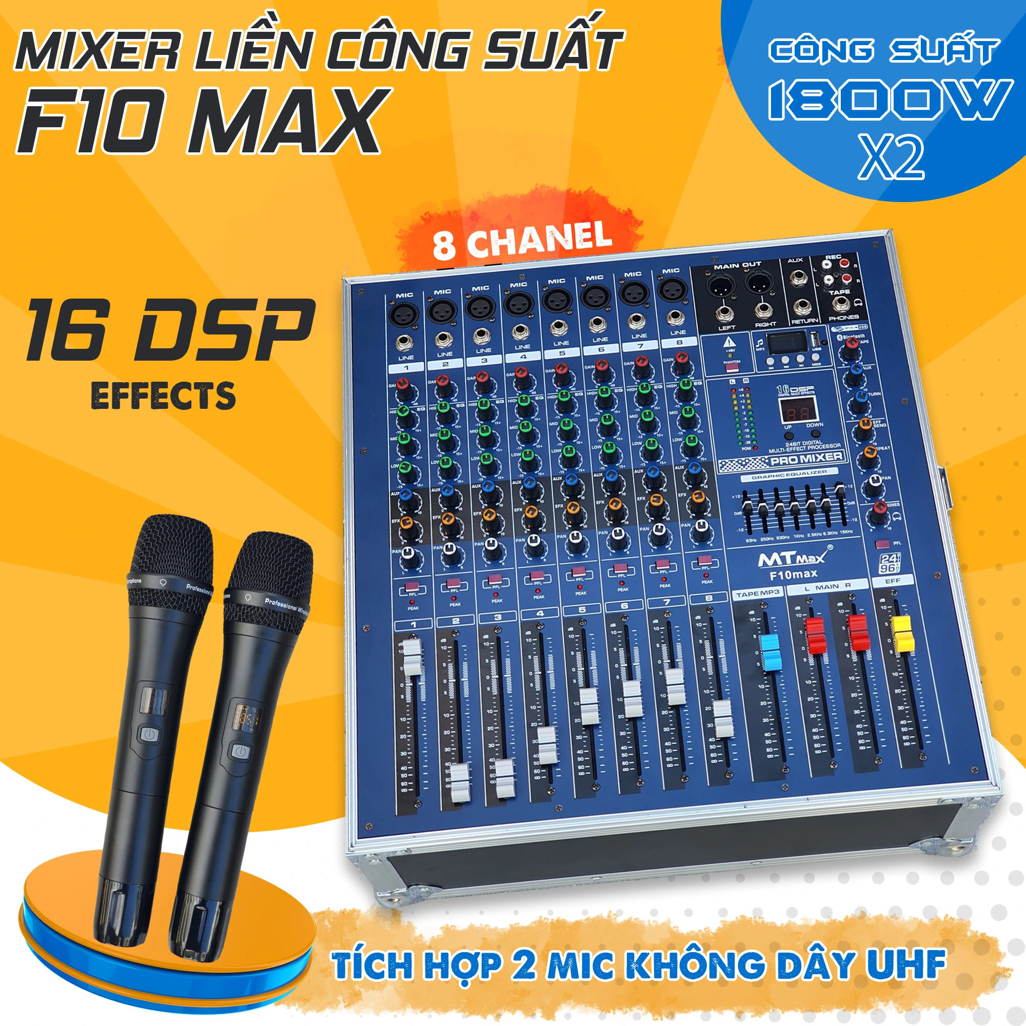 [Xả Kho Giá Nhập] Mixer MTMAX F10 2 Kênh Liền Công Suất Cực Khủng 1800W Tích Hợp Nhiều Chức Năng Đượ