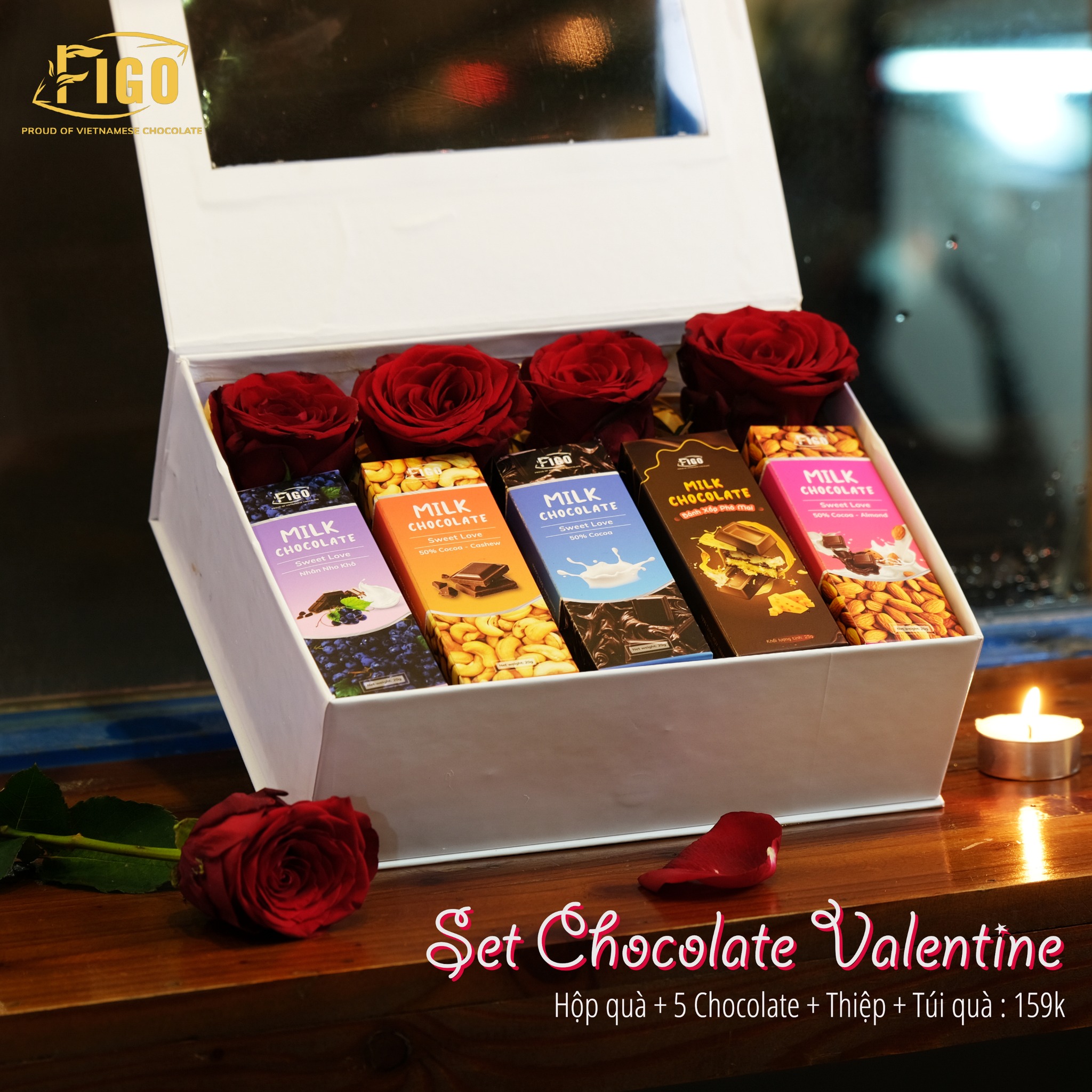 Set hộp quà trắng 5 hộp Socola sữa 20g có hoa hồng thiệp nơ FIGO quà tặng valentine