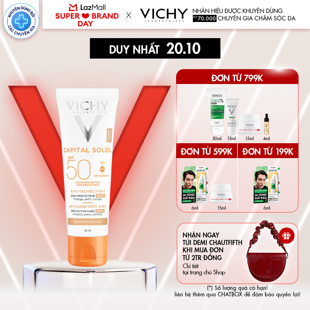 Kem chống nắng giảm thâm nám SPF 50+ Vichy Capital Soleil UVB+UVA Anti Dark Spot 3 in 1