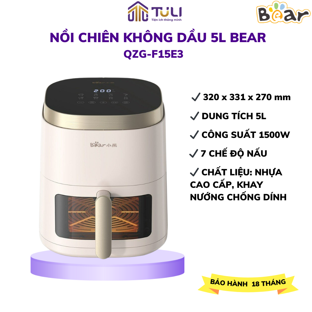 Nồi Chiên Không Dầu 5L Bear QZG-J15M1 - Màu Kem, Công Nghệ Nhiệt Đối Lưu 360 Độ