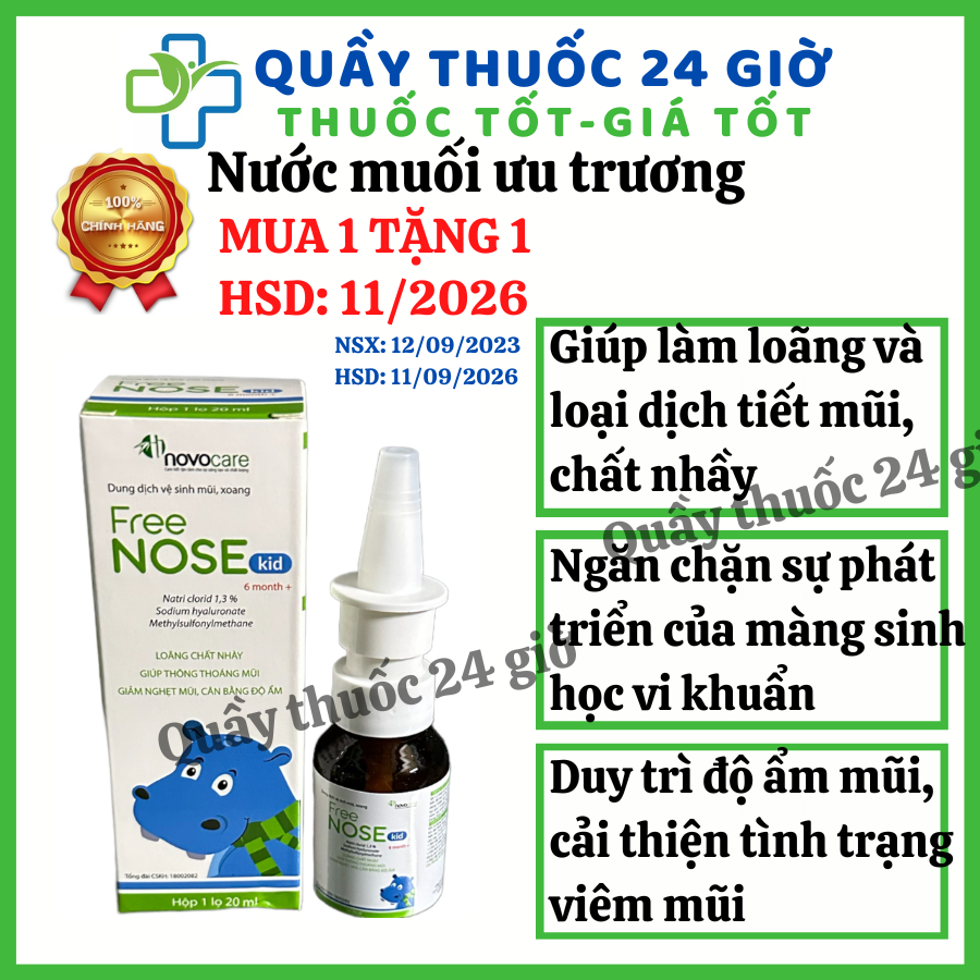 Mua 1 tặng 1 Free Nose Kids xịt muối ưu trương giúp loãng nhầy giữ ẩm mũi trẻ từ 6 tháng 20ml