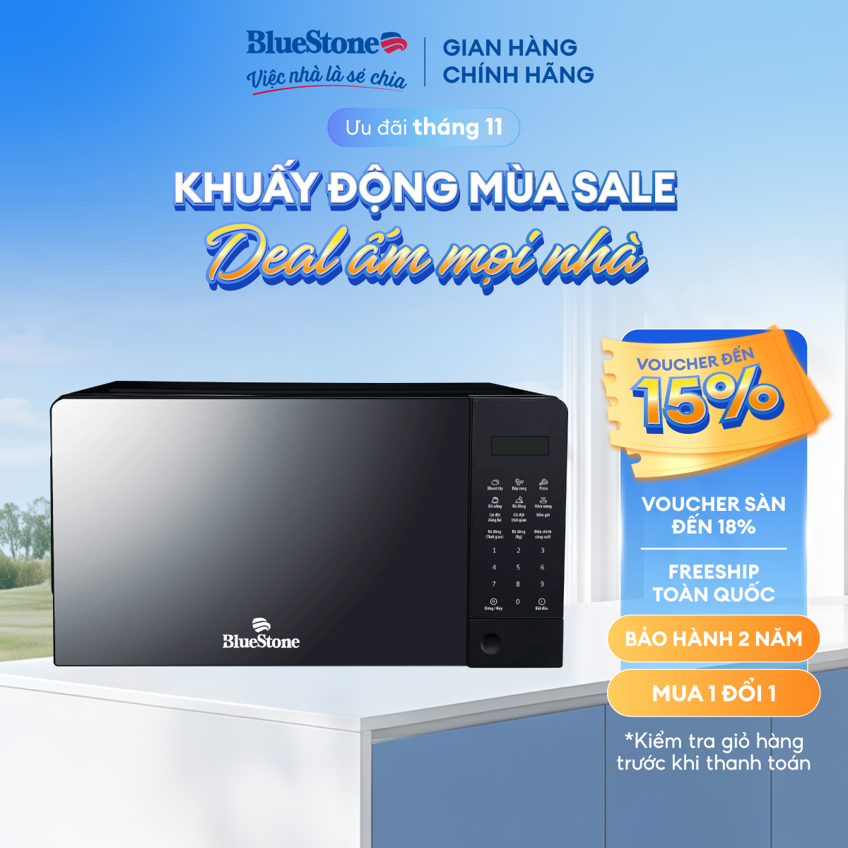 Lò Vi Sóng Điện Tử BlueStone MOB-7815 - Dung tích 20L - Công suất 1100W - Bảng điều khiển điện tử-