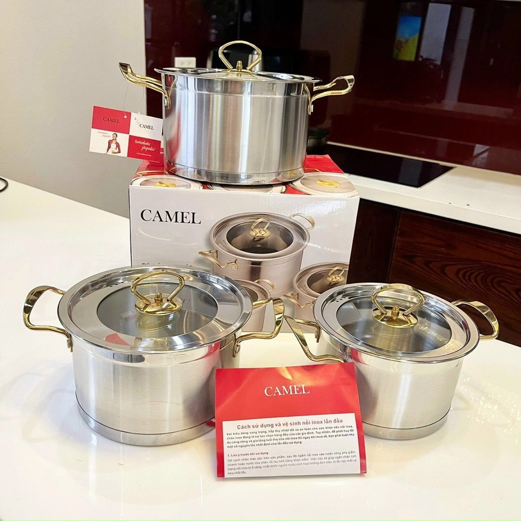Bộ nồi 3 món inox 304 CAMEL đáy 3 lớp Chống Dính Tay Cầm Cách Nhiệt - Bộ Nồi Inox Cao Cấp Nồi Inox 3