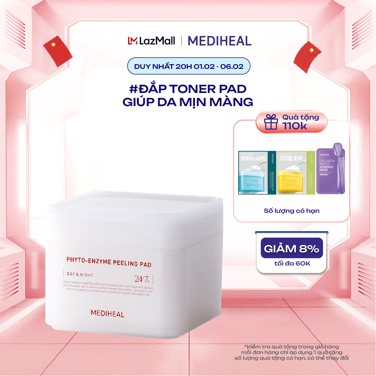 Hộp 90 miếng toner pad Mediheal Tẩy Tế Bào Chết Phyto-enzyme Peeling Pad 90 pads