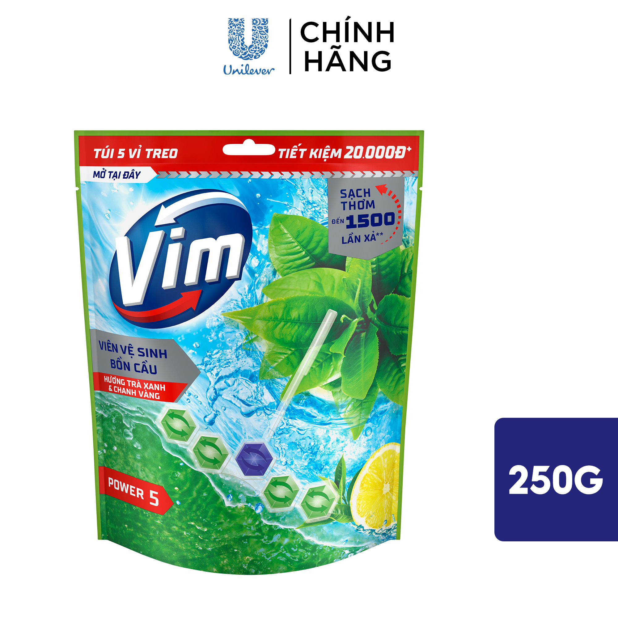 Túi viên tẩy bồn cầu Vim Power 5 Hương Lavender 250g (5 vỉ/túi)