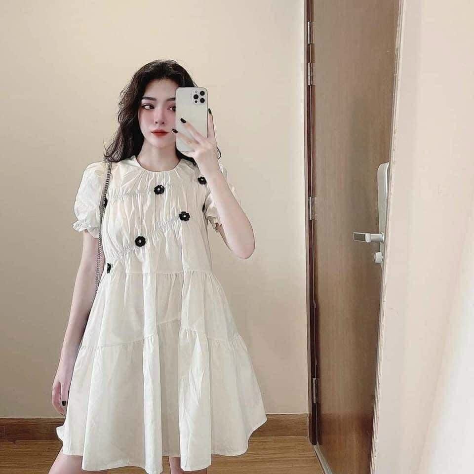 [freeshipmax] váy bầu đầm bầu hoa trắng chất đẹp hàng quảng châu cao cấp-free size 43-70kg G1