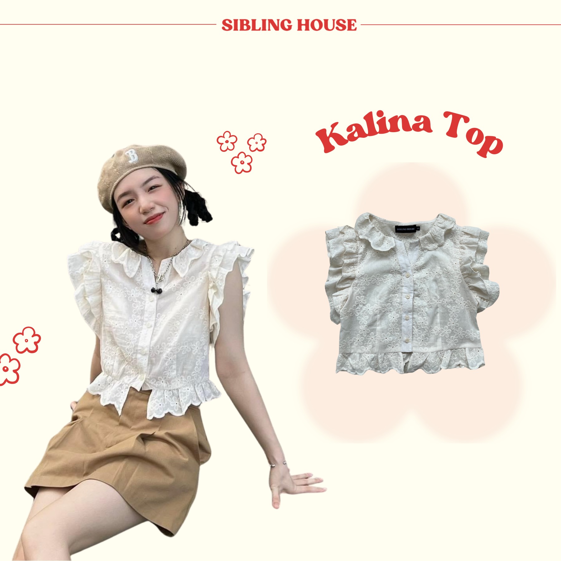 Áo ngắn tay phối bèo form ngắn chất vải ren hoa kem Kalina Top - Sibling House