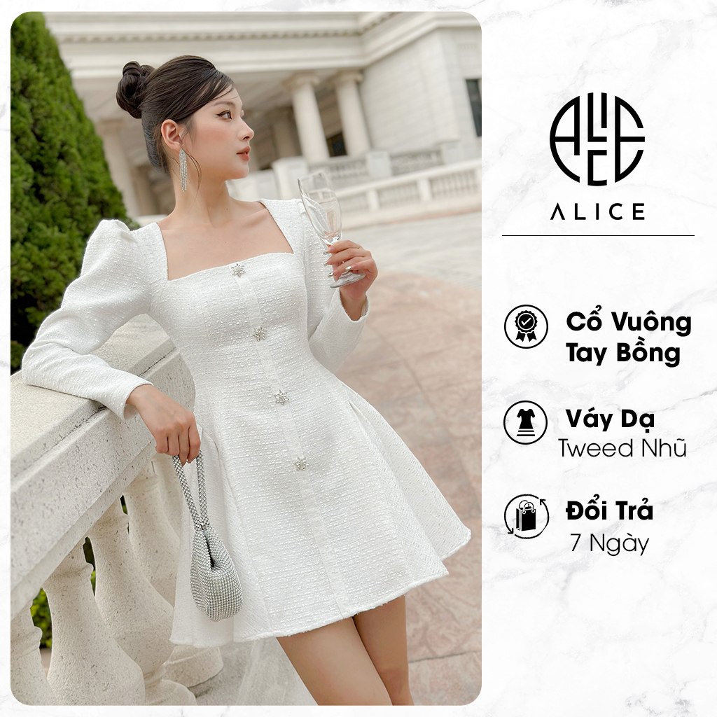 Váy Dạ Tweed Nhũ Tiểu Thư Cổ Vuông ALICE Dáng Xoè Có Gắn Cúc Đá Tay Bồng Thanh Lịch Điệu Đà V886