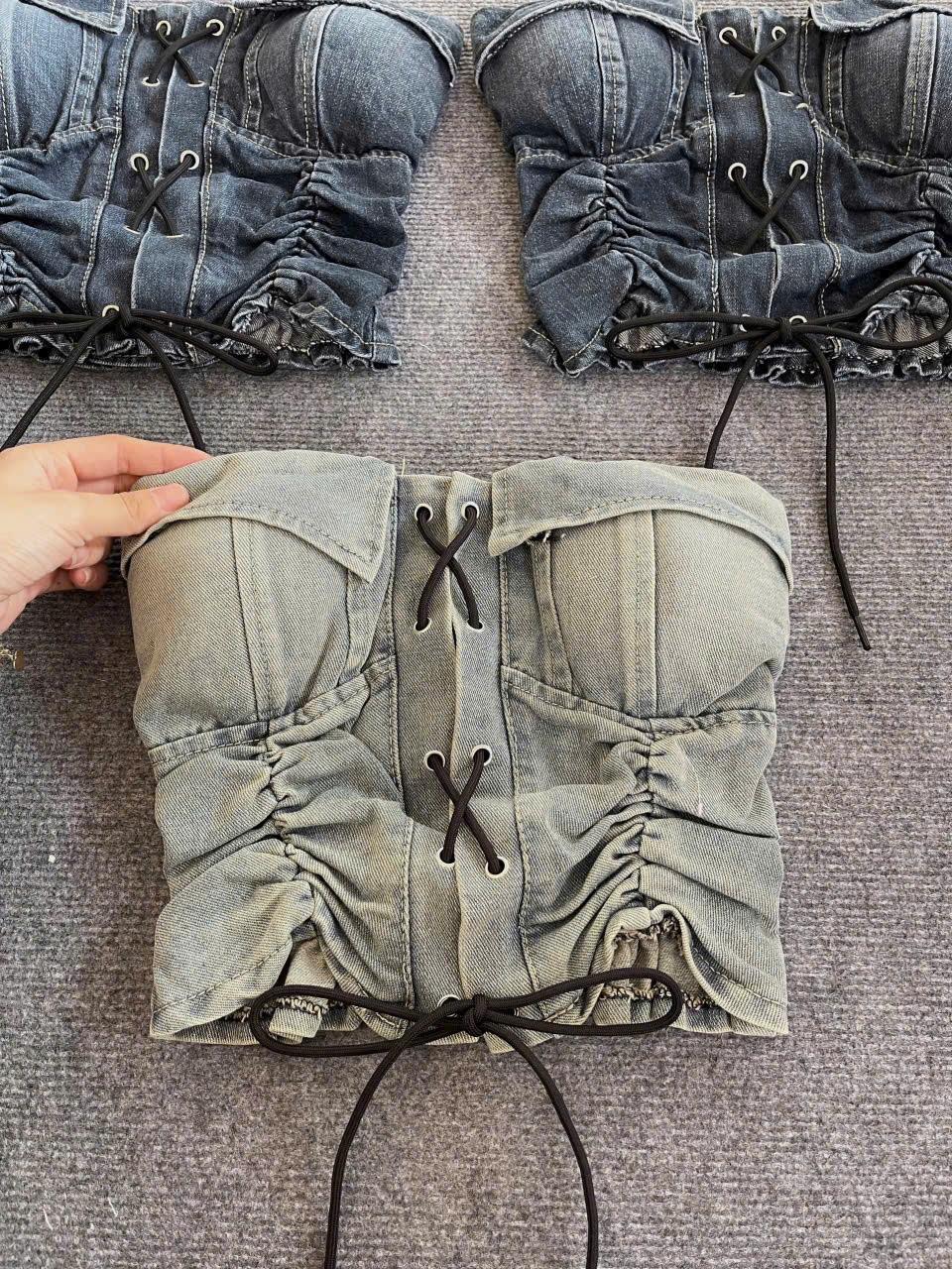 Áo ống jean cúp ngực áo croptop đính cúc không đệm Áo ống Jeans body áo nữ jean