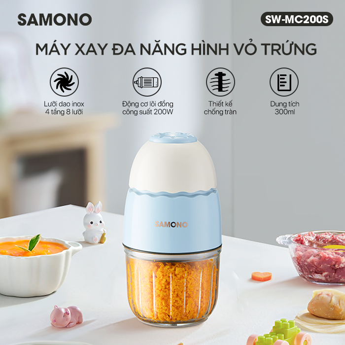 (Mới- 8 lưỡi) Máy xay ăn dặm 0.3L Samono SW-MFC200 cho bé 200W cối thủy tinh kèm quai chụp xay thịt nhuyễn mịn - hàng chính hãng bảo hành 1 năm