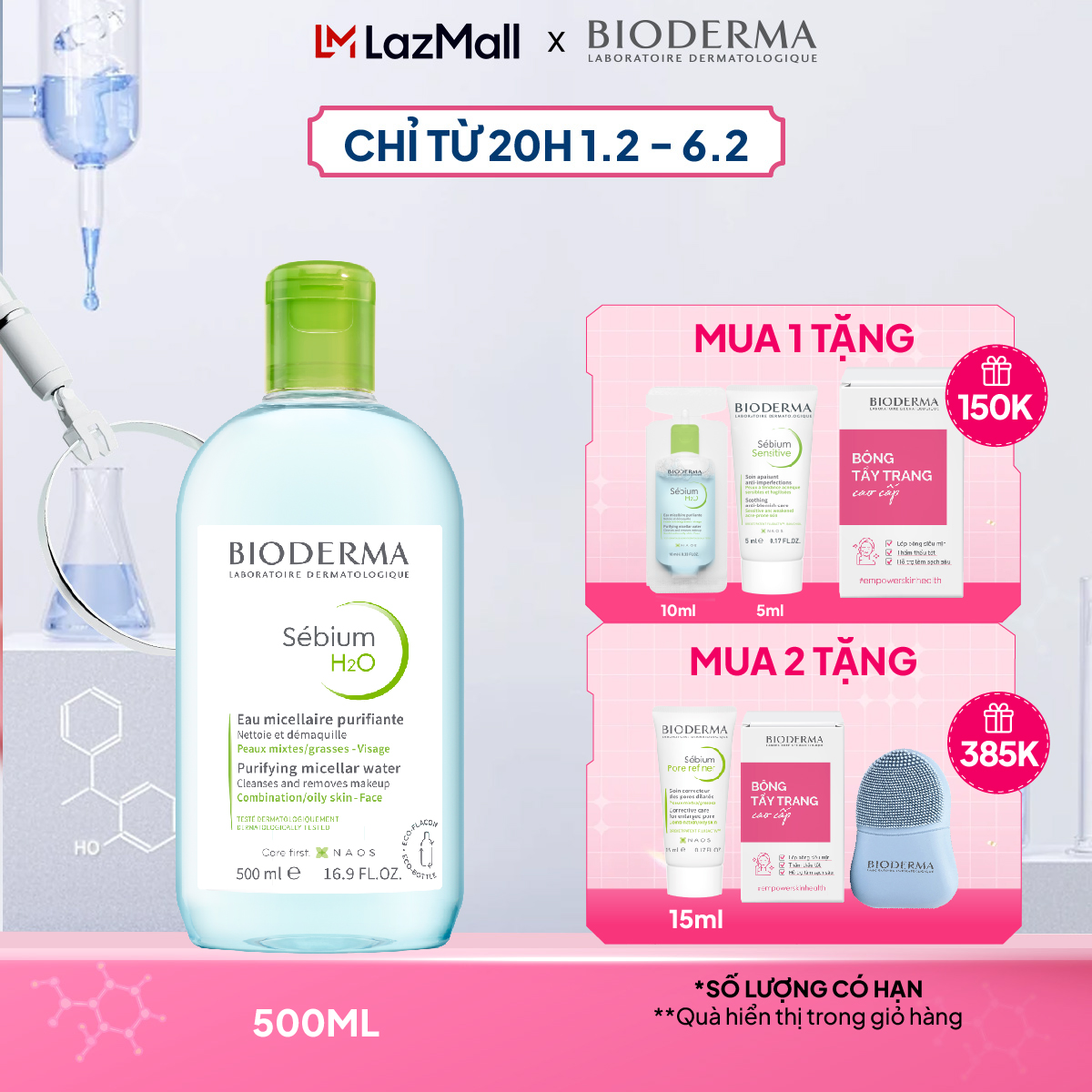 Dung dịch làm sạch và tẩy trang micellar cho da hỗn hợp da dầu và da mụn Bioderma Sebium H2O - 500ml