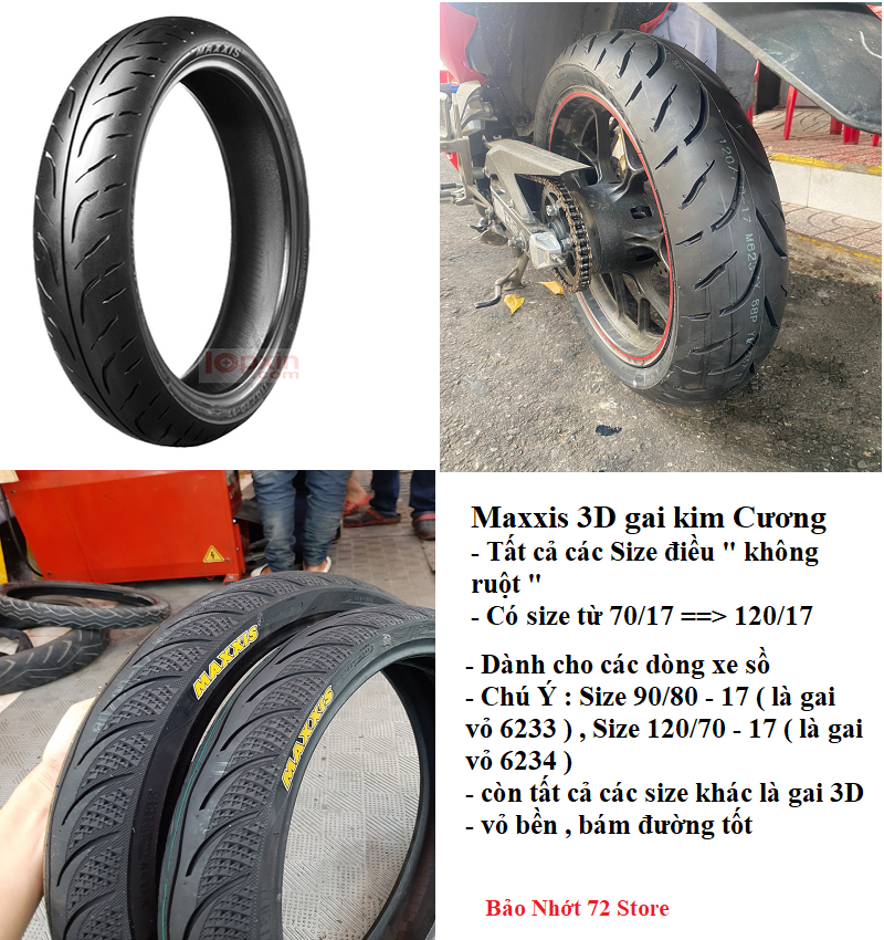 Vỏ Maxxis 3D kim cương Size 70 đến 140/17 gắn Exciter Winer  Raider xe số Size 17 " Không Ruột "