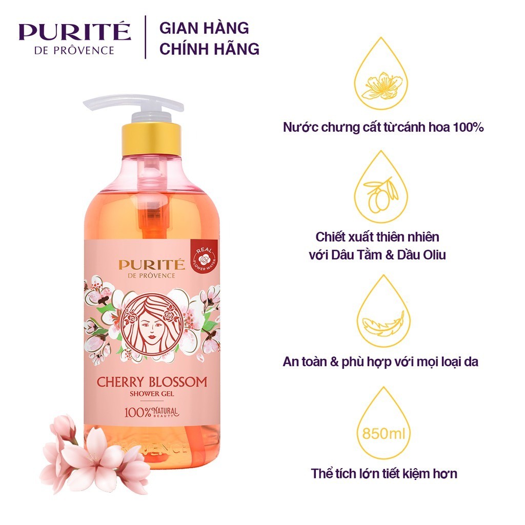 Sữa Tắm Purite Lưu Hương Lâu Da Mềm Mịn Hương Hoa Anh Đào Cherry Blossom 850Ml