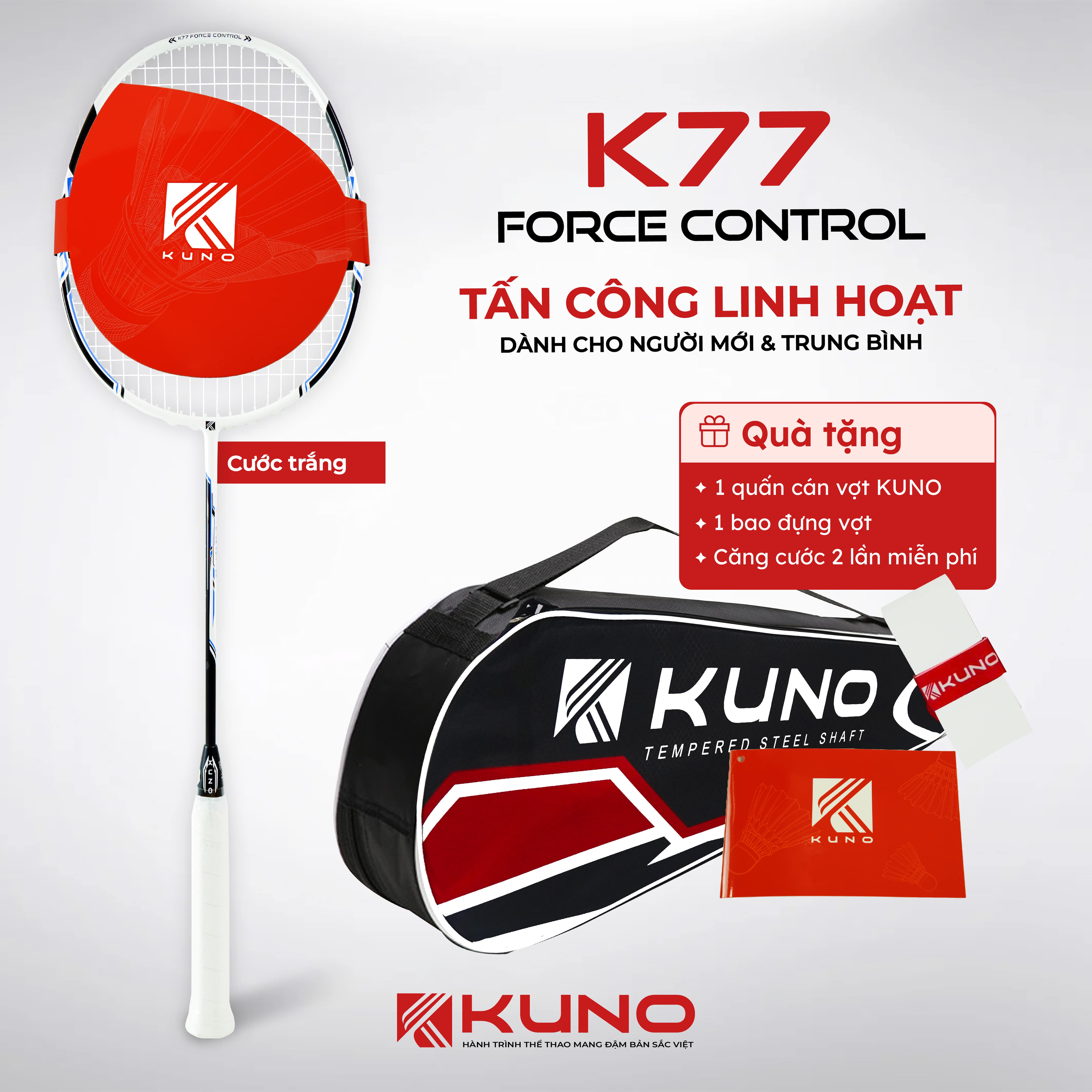 Vợt Cầu Lông KUNO K77 Thiên Công 4U Tặng Kèm 01 Quấn Cán và 1 Túi Đựng Căng Sẵn 10.5kg