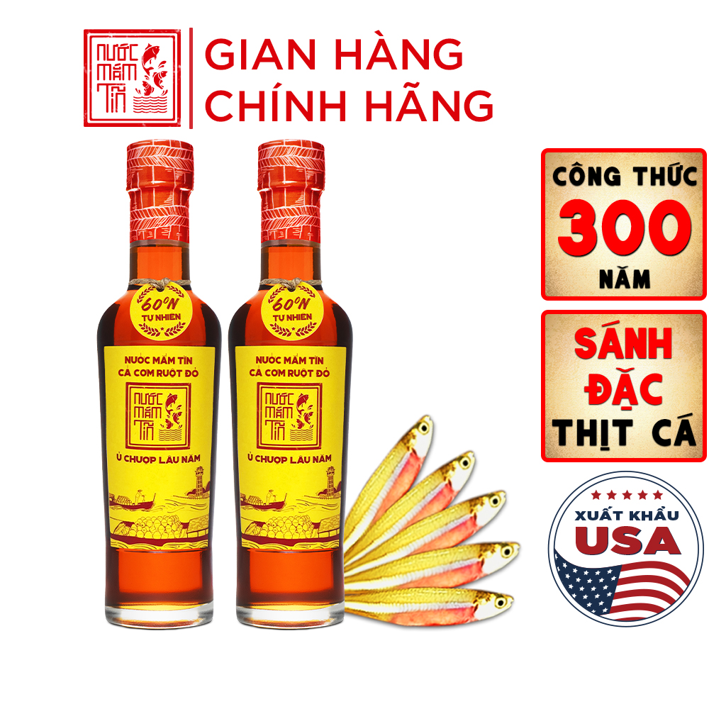 [Hộp 2 chai 60 độ đạm - 250ml] Nước Mắm Tĩn Cá Cơm Ruột Đỏ Độ Đạm 60N Chai Thuỷ Tinh 250ml Nước Mắm 