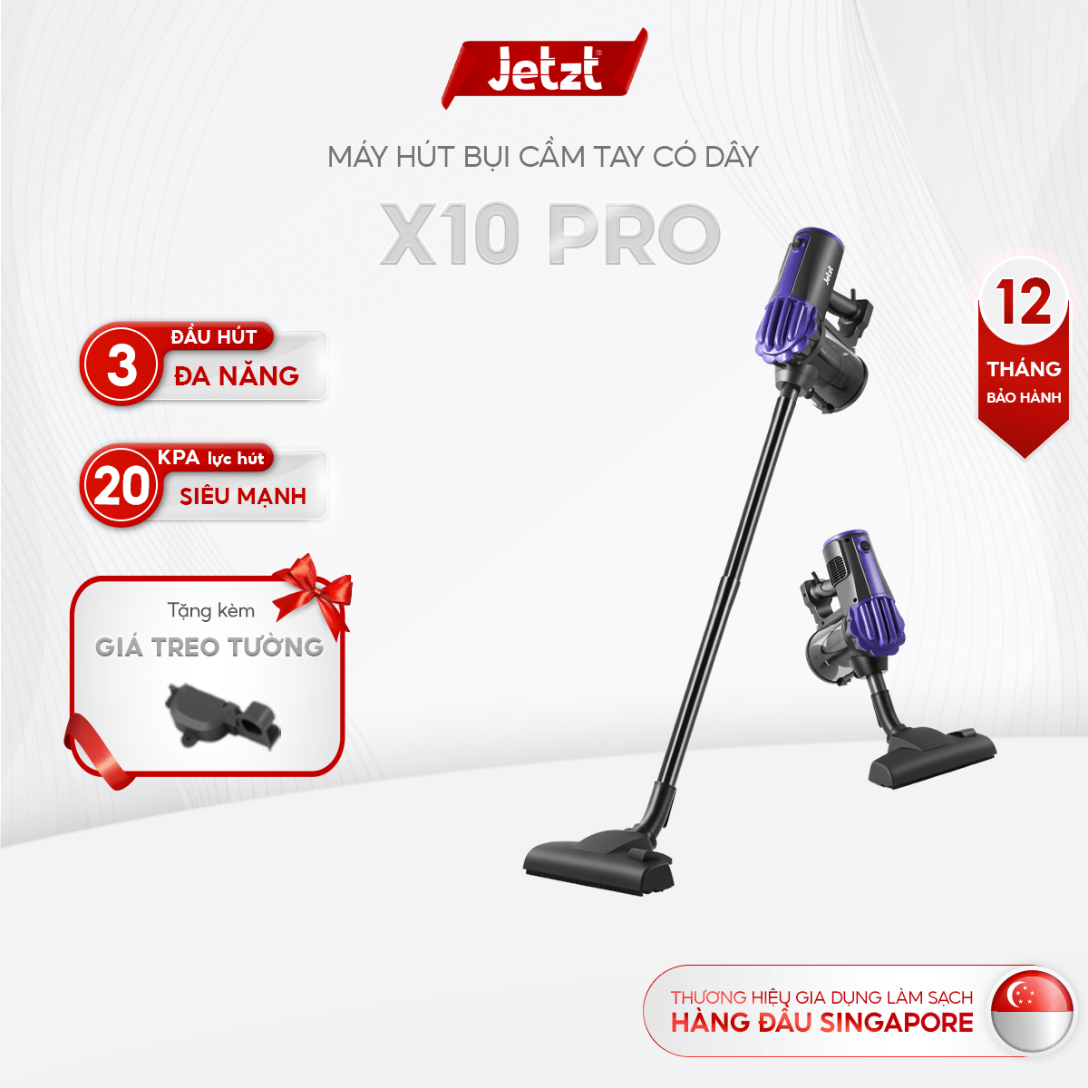 Máy hút bụi cầm tay có dây JETZT X10 PRO - Dung lượng 0.8L, màu Đen