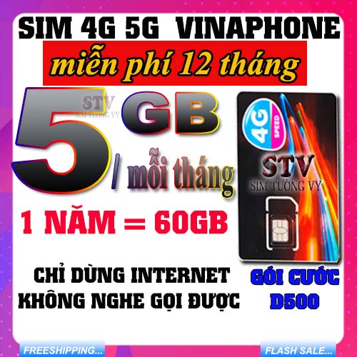 Sim 4G 5G Vinaphone D500 (5gb/ tháng x 12 tháng ) 14BIG50YU1500 12TD49 Trọn gói 1 năm miễn phí.FREESHIP- chưa kích hoạt
