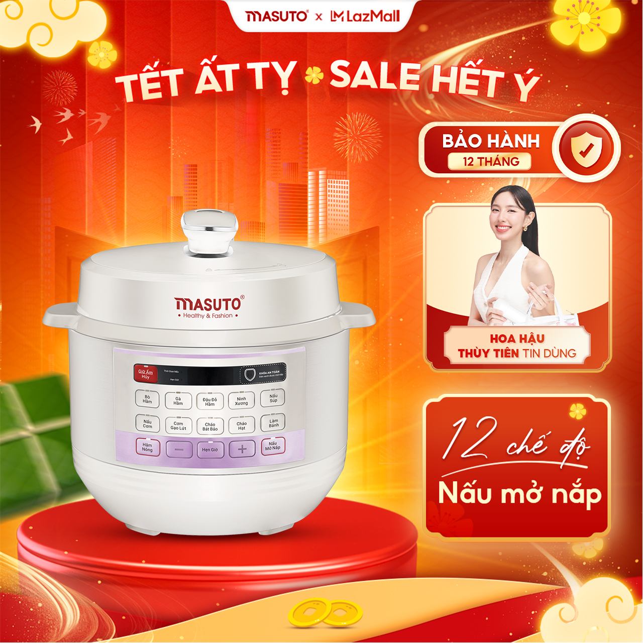 Nồi áp suất điện Masuto MSPC05 dung tích 5L công suất 1000W 10 chức năng nấu dễ tháo lắp vệ sinh