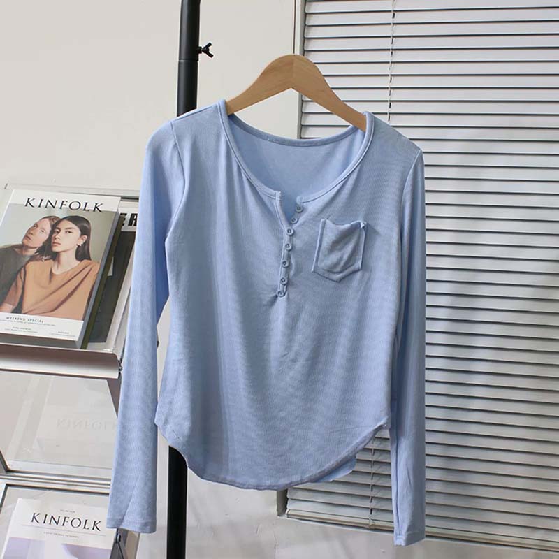Áo Thun Nữ Dài Tay Cổ Chữ V Nút Cài PhốI Túi Vạt Bầu Thời Trang JayS TOP NU 096