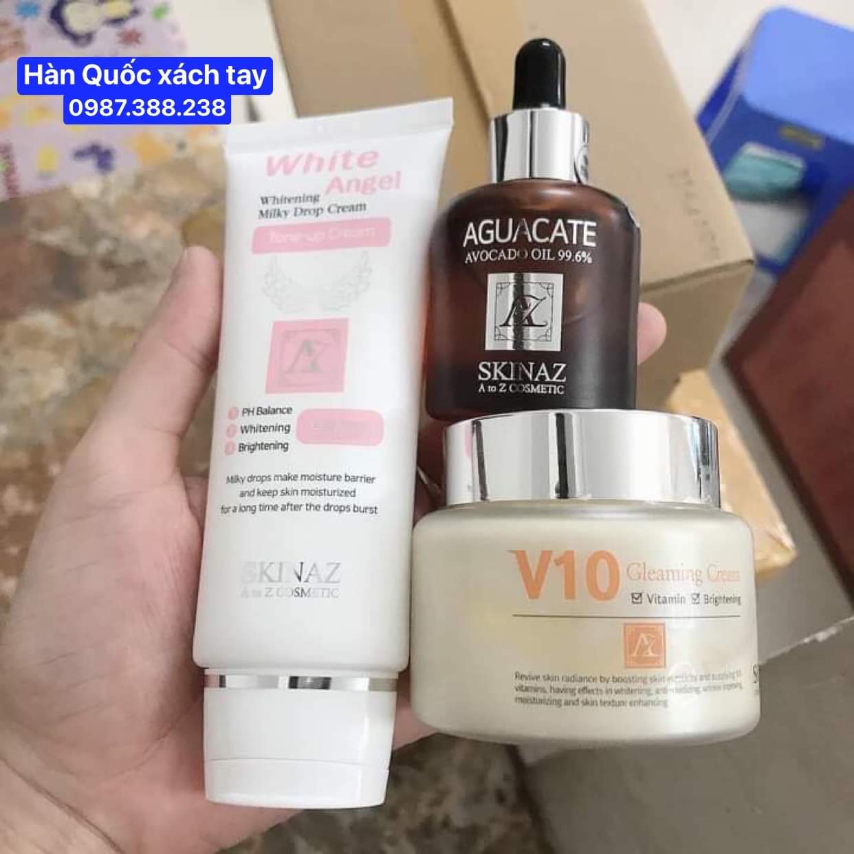 Set Dưỡng Trắng Da Chống Lão Hóa V10 Skinaz Xách Tay Hàn Quốc ( Kem V10 Serum Bơ Kem White Angel)