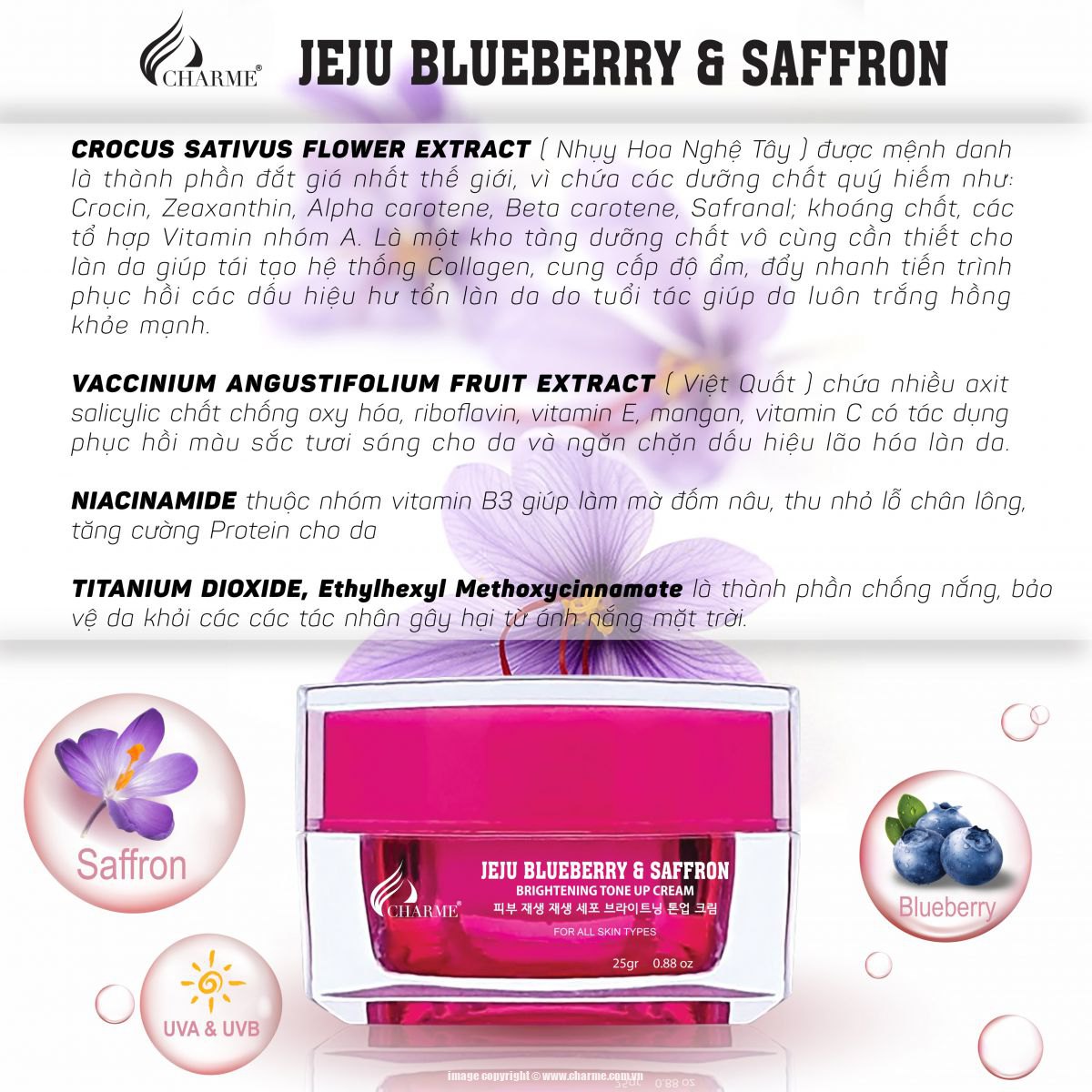 [HCM]Kem face dưỡng trắng da jeju blueberry & saffon brightening tone up cream