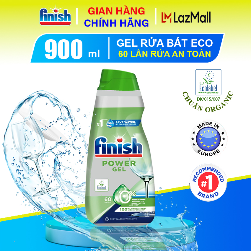 Gel rửa bát Finish hữu cơ 0% ECO organic 900ml. Gel Finish rửa chén bát nhanh tan an toàn nguyên liệ