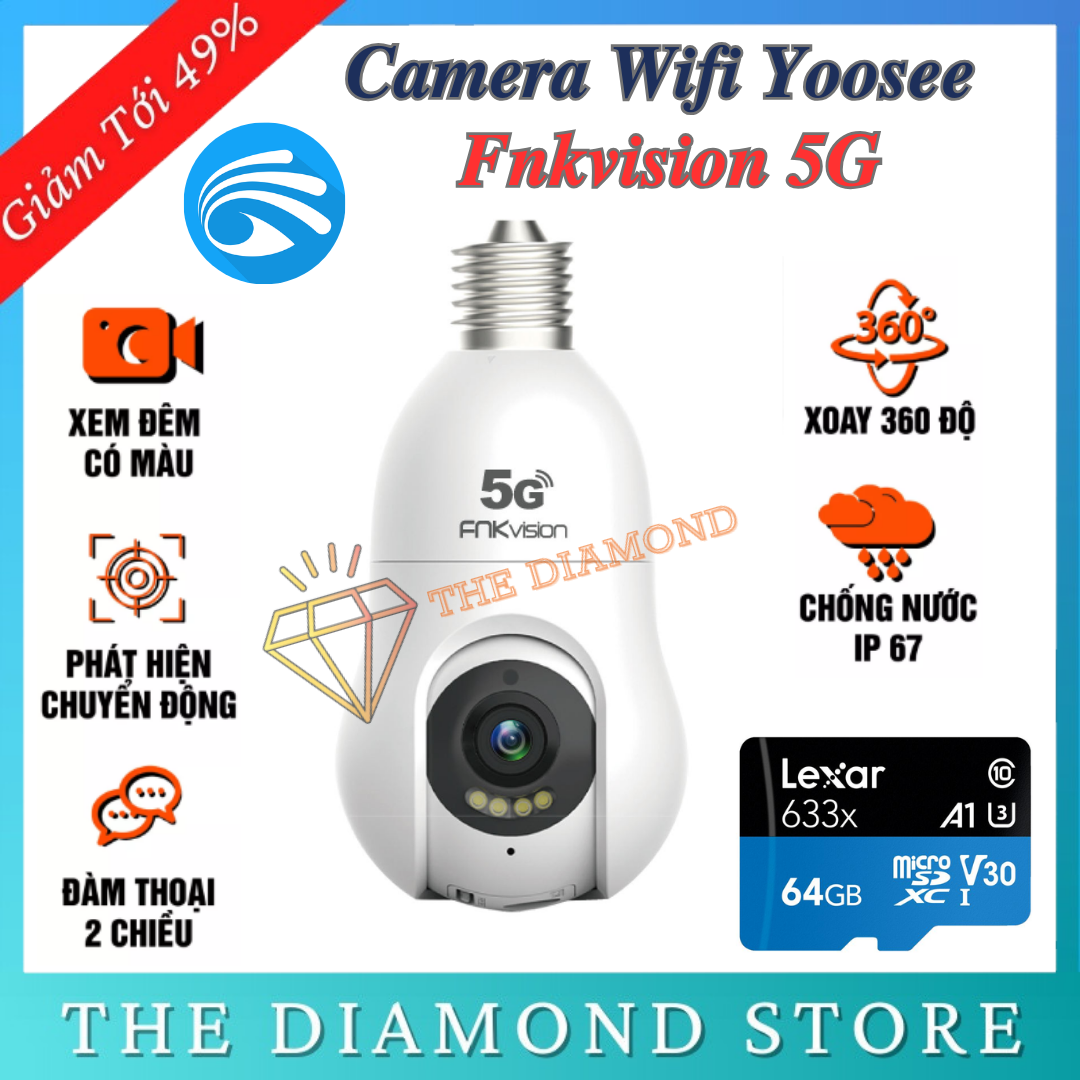 Camera Wifi Yoosee Fnkvision Bóng Đèn 5G 5.0Mpx Xoay 360 Độ Xem Đêm Có Màu Kèm Thẻ Nhớ Lexar Chính H