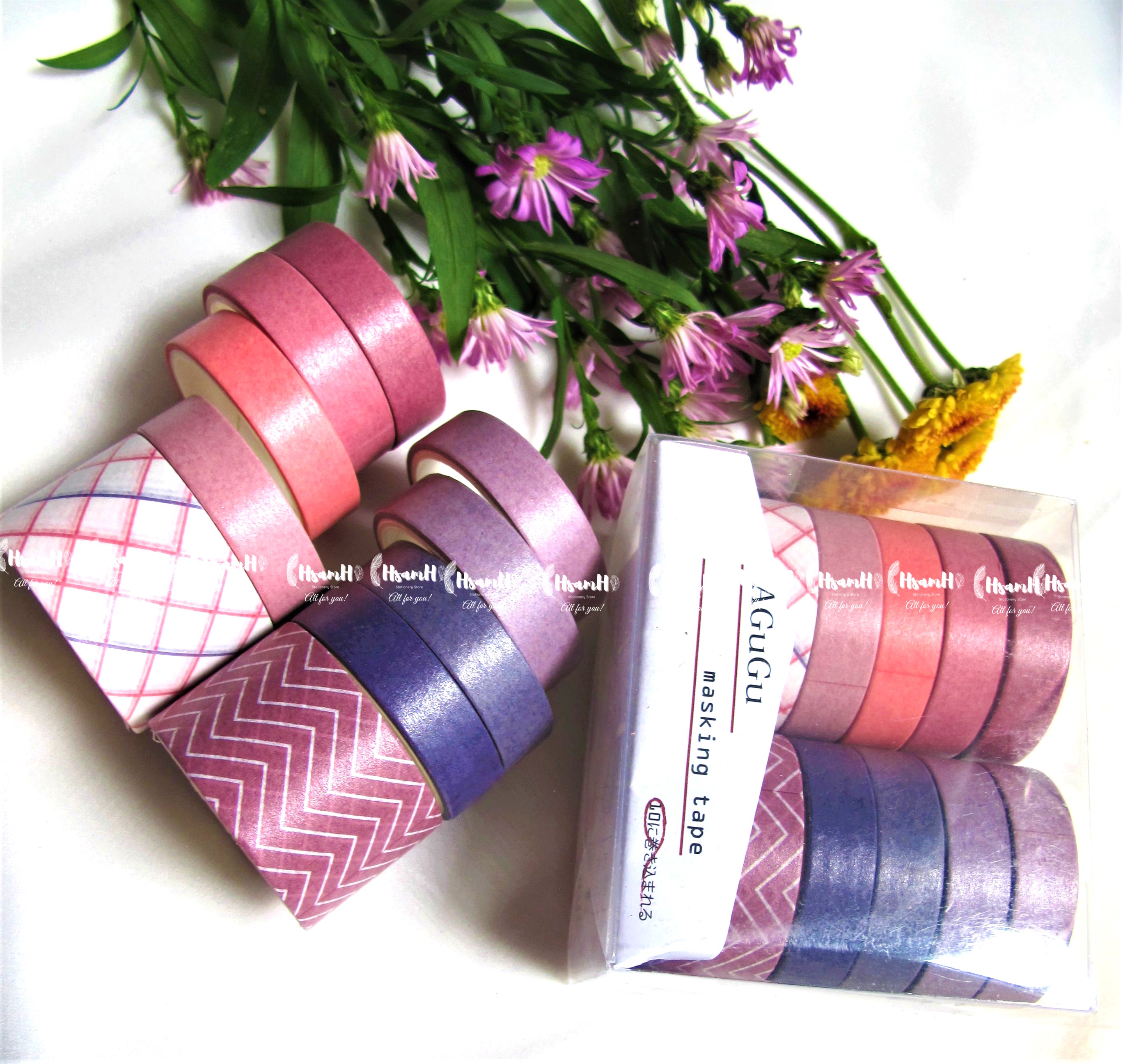 Hộp 10 cuộn băng dính washi trang trí sổ làm journal