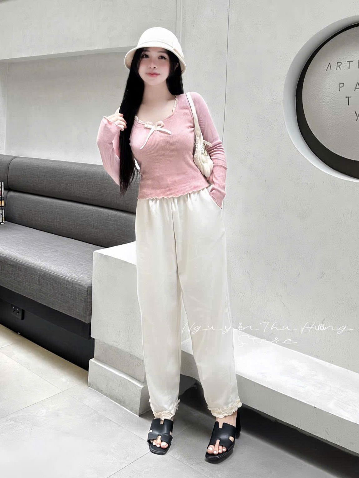 Set áo thun tay dài ôm viền ren mix quần ống rộng viền ren đồ bộ dài mặc đi chơi thaoir mái năng độn