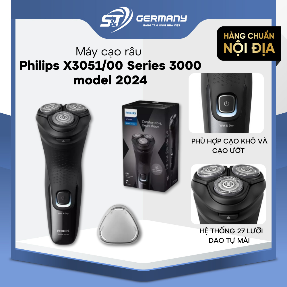 Máy cạo râu Philips X3051/00 Series 3000 model 2024 Nội Địa Đức lưỡi dao tự mài sắc bén GST Electron