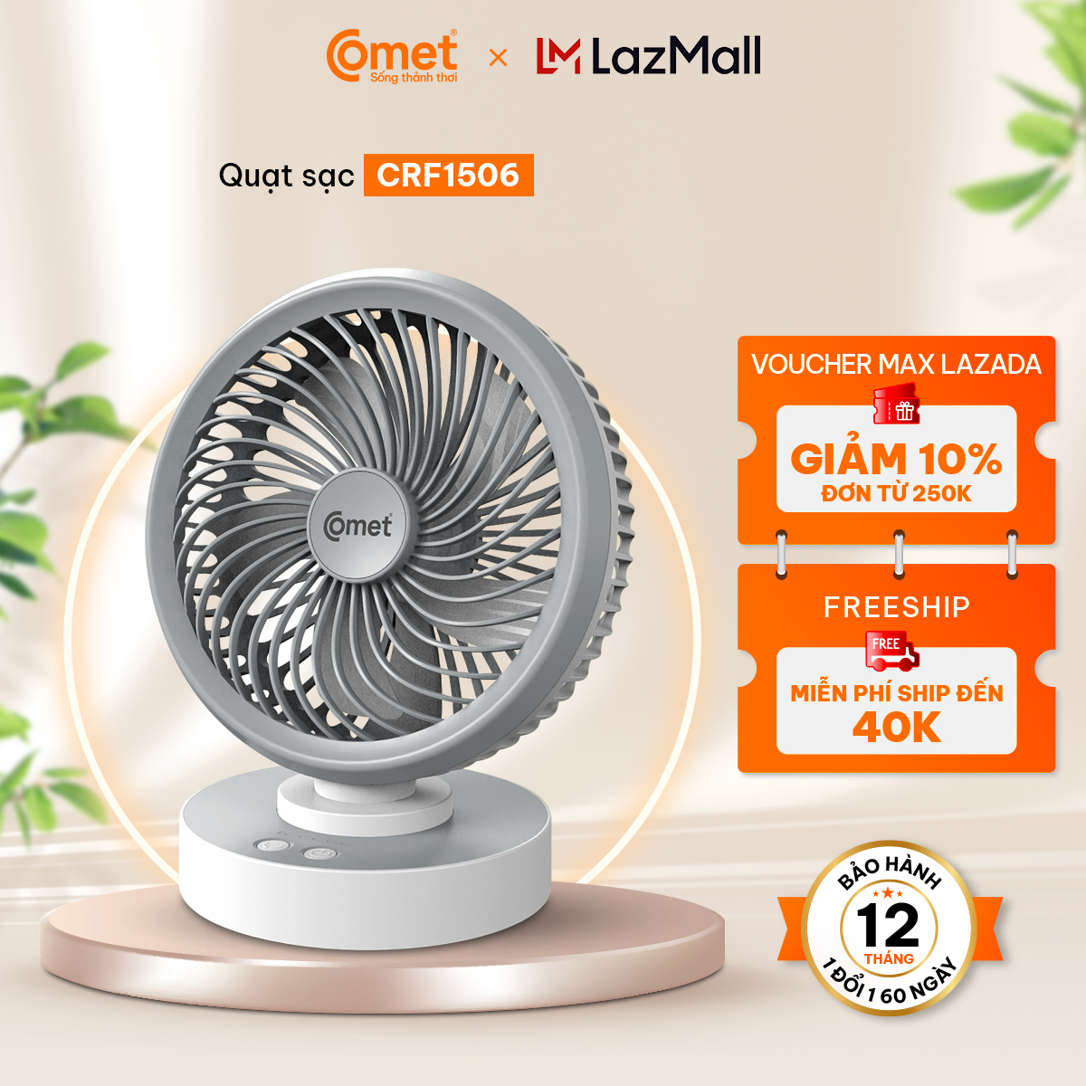 Quạt Sạc Tích Điện Để Bàn Đa Năng COMET CRF1506 7W 4 Cấp Độ Gió Xoay 90 Độ Để Bàn Văn Phòng - Hàng C