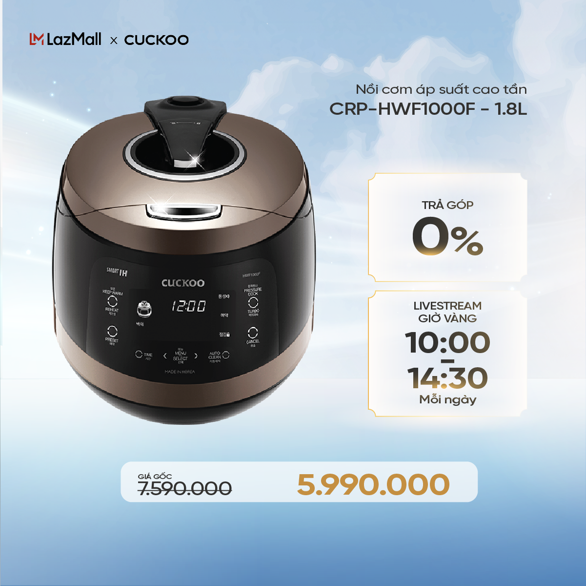 Nồi cơm áp suất cao tần Cuckoo 1.8L CRP-HWF1000F thiết kế sang trọng - Bảo hành 2 năm - Hàng chính h