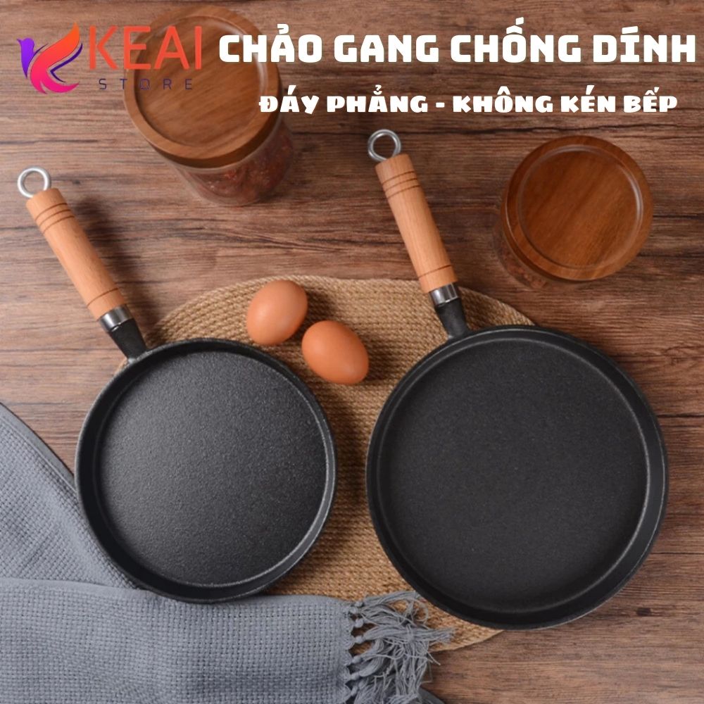 Chảo gang chống dính đáy phẳng tay cầm gỗ Chảo gang đổ bánh xèo chiên rán trứng ốp