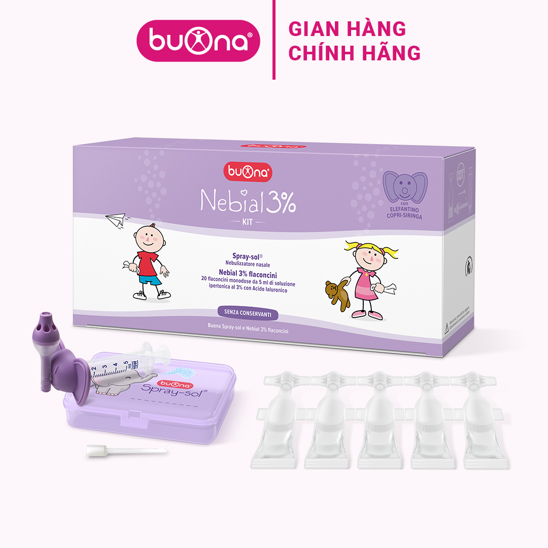 Buona Nebial 3% KIT - Bộ Rửa Mũi Xịt Xông Làm Sạch Khoang Mũi Toàn Diện Kèm 20 Ống Nebial 3% 5ml