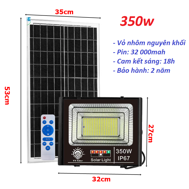 Đèn Năng Lượng Mặt Trời Đèn LED Năng Lượng Mặt Trời công suất 800w 500w 350w 300w kèm tấm pin rời có remote có cảm biến tự động dây nối 5m BH 2 năm Chống nước IP 67 Led Thắng Trang