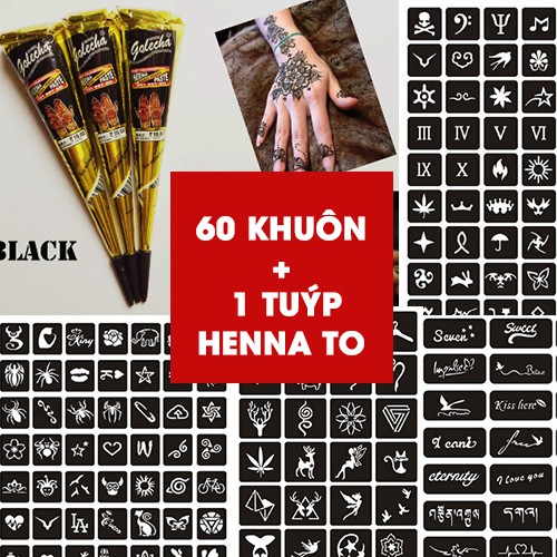 Combo 1 Tuýp Mực Henna Đen + 60 Hình Khuôn Các Size